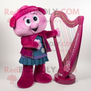 Magenta Celtic Harp mascot costume character dressed with a Dungarees and Rings