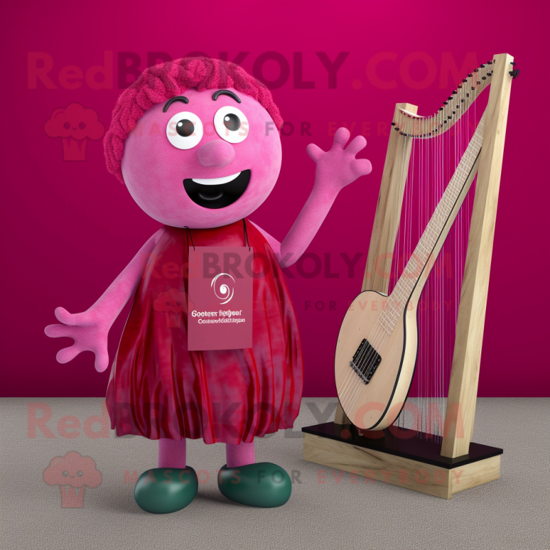 Magenta Celtic Harp mascot costume character dressed with a Dungarees and Rings