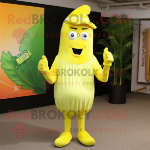 Lemon Yellow Celery mascot costume character dressed with a Chinos and Caps