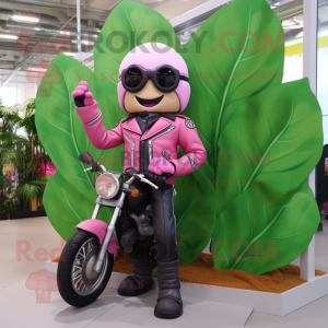 Pink Beanstalk mascot costume character dressed with a Biker Jacket and Hats