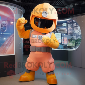 Peach Spartan Soldier mascot costume character dressed with a Overalls and Caps