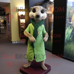 Green Meerkat mascot costume character dressed with a Dress Pants and Scarves