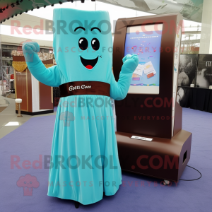 Cyan Chocolate Bar mascot costume character dressed with a Evening Gown and Shawl pins