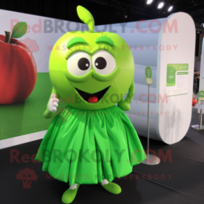 Lime Green Apple mascot costume character dressed with a Pleated Skirt and Necklaces