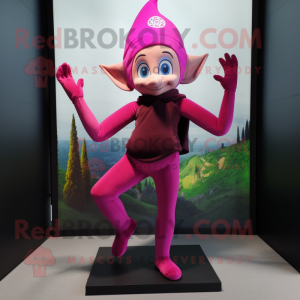 Magenta Elf mascot costume character dressed with a Yoga Pants and Gloves
