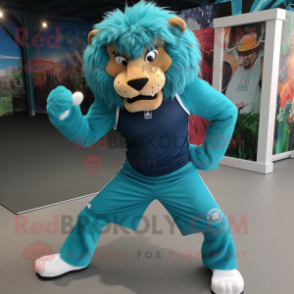 Teal Tamer Lion mascot costume character dressed with a Tank Top and Foot pads