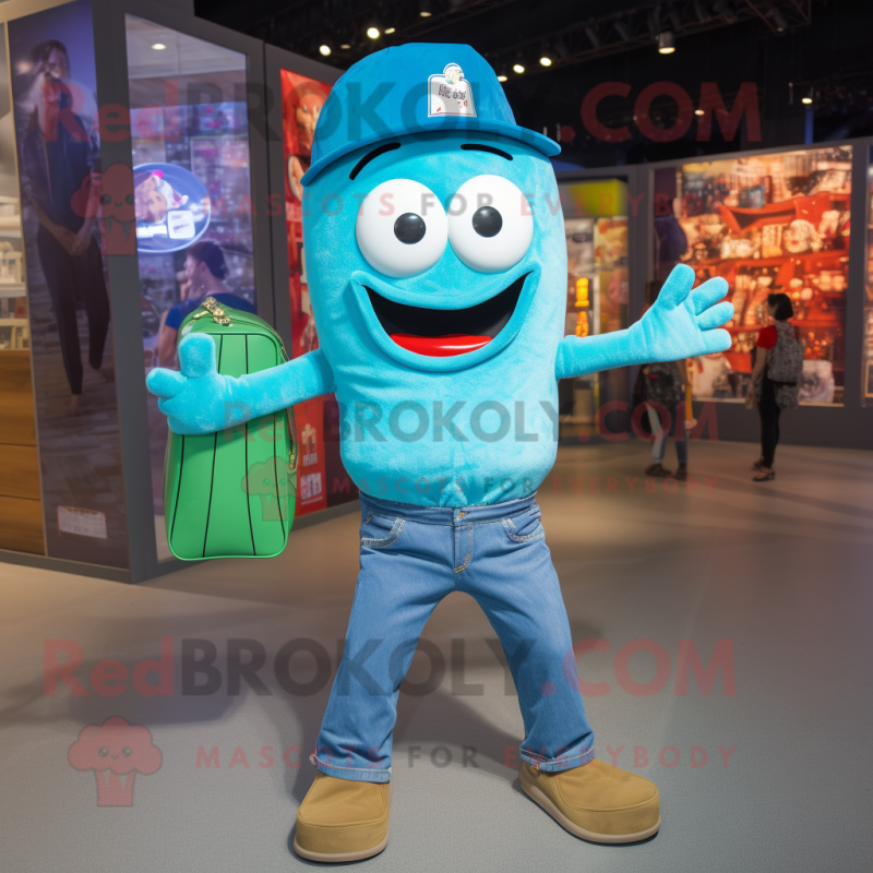 Cyan Pad Thai mascot costume character dressed with a Bootcut Jeans and Handbags