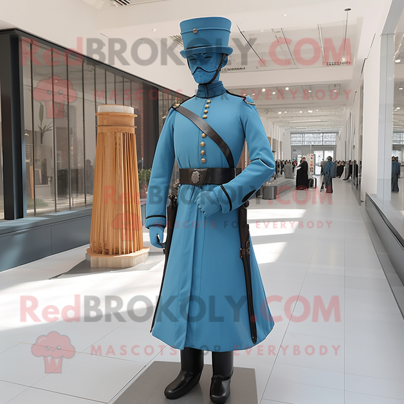 Cyan Civil War Soldier mascot costume character dressed with a Sheath Dress and Cummerbunds