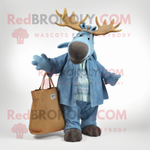 nan Moose mascot costume character dressed with a Denim Shirt and Tote bags