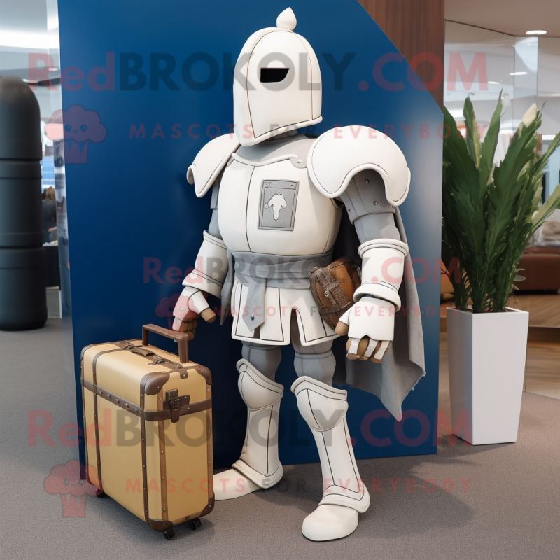 Cream Medieval Knight mascot costume character dressed with a Jeans and Briefcases