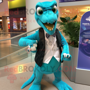 Teal Velociraptor mascot costume character dressed with a Cover-up and Bow ties
