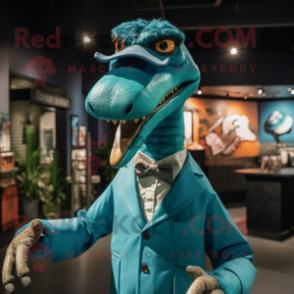 Teal Velociraptor mascot costume character dressed with a Cover-up and Bow ties