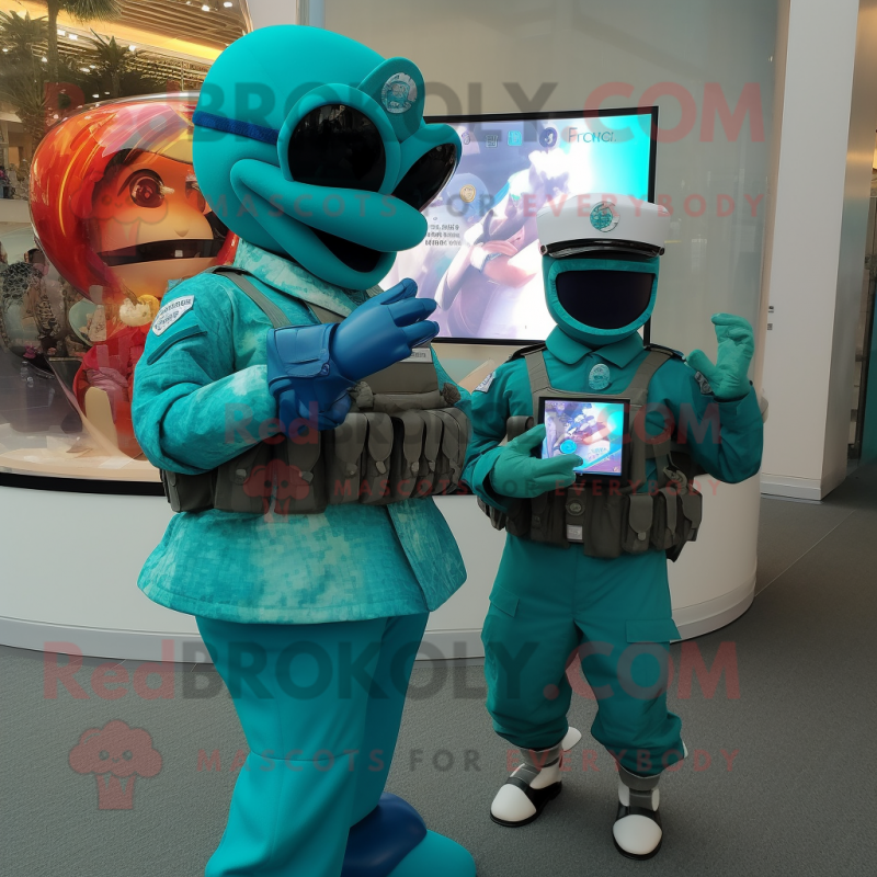 Teal Marine Recon mascot costume character dressed with a Ball Gown and Smartwatches