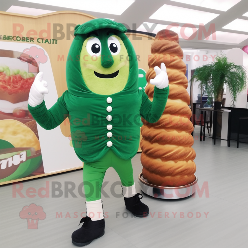 Forest Green Croissant mascot costume character dressed with a Capri Pants and Shoe laces