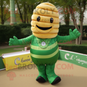 Forest Green Croissant mascot costume character dressed with a Capri Pants and Shoe laces