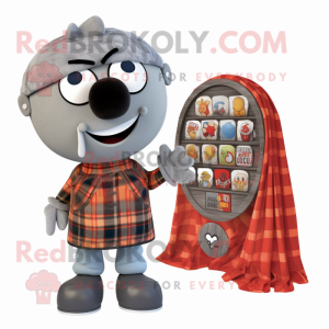 Gray Human Cannon Ball mascot costume character dressed with a Flannel Shirt and Coin purses