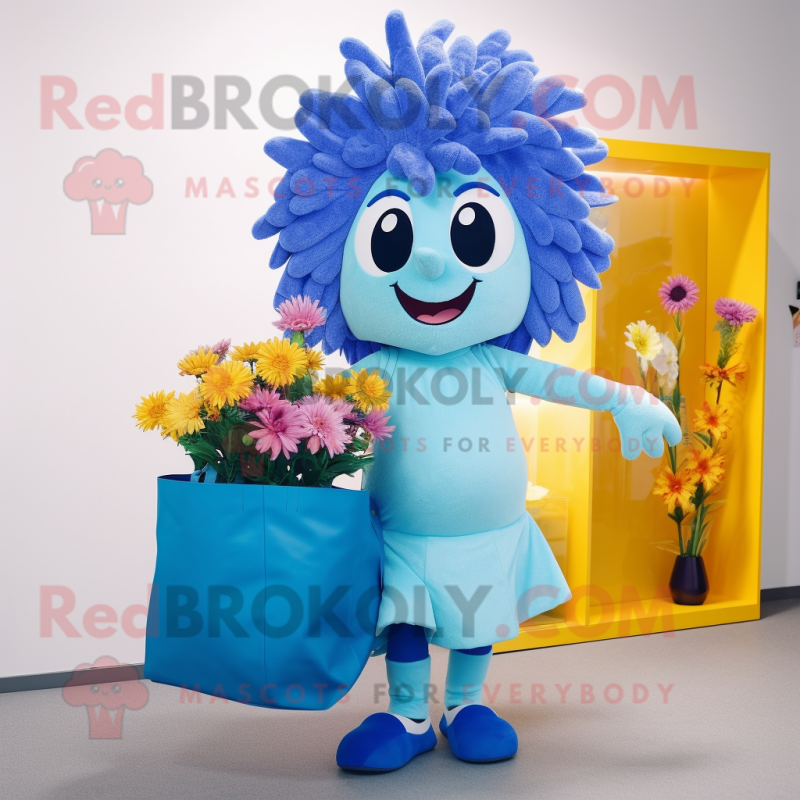 Sky Blue Bouquet Of Flowers mascot costume character dressed with a Swimwear and Tote bags