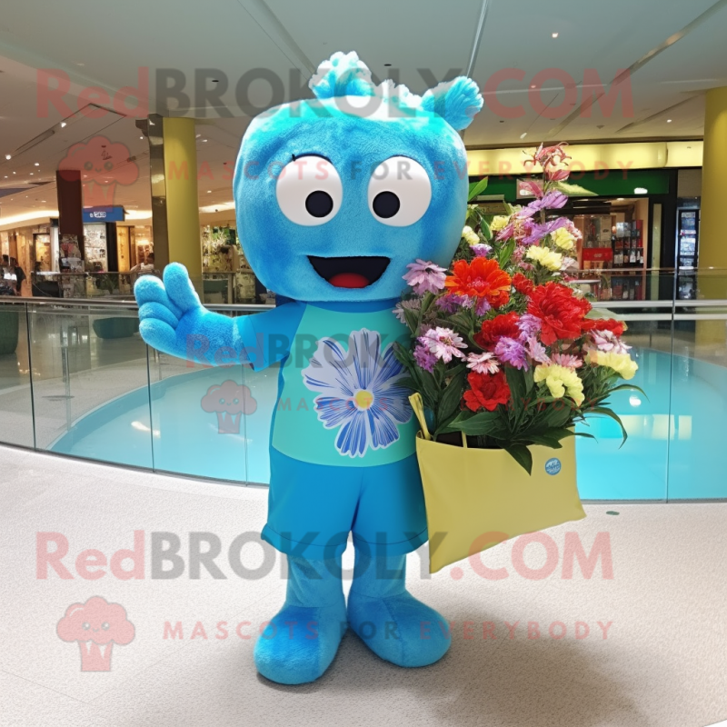 Sky Blue Bouquet Of Flowers mascot costume character dressed with a Swimwear and Tote bags