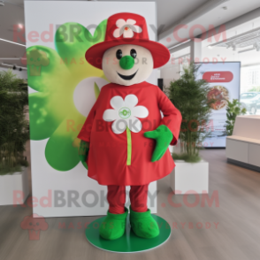Red Four Leaf Clover mascot costume character dressed with a Cover-up and Brooches