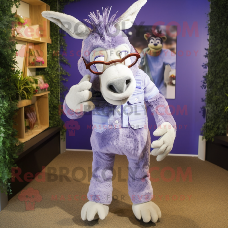 Lavender Donkey mascot costume character dressed with a Trousers and Eyeglasses