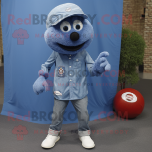 Blue Meatballs mascot costume character dressed with a Denim Shirt and Lapel pins