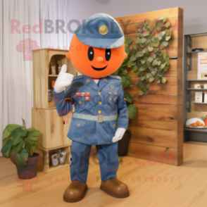 Peach American Soldier mascot costume character dressed with a Denim Shirt and Shawls