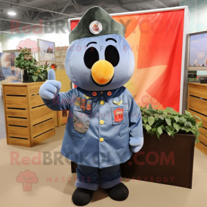 Peach American Soldier mascot costume character dressed with a Denim Shirt and Shawls