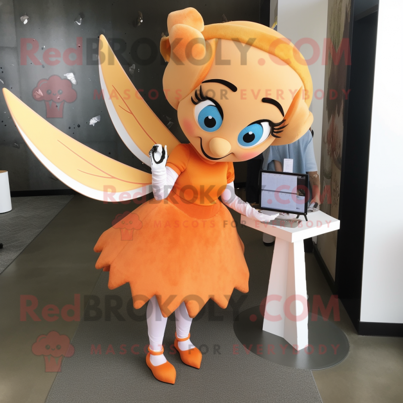 Orange Tooth Fairy mascot costume character dressed with a Pencil Skirt and Hairpins