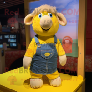 Lemon Yellow Merino Sheep mascot costume character dressed with a Denim Shorts and Tie pins