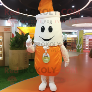Cream Carrot mascot costume character dressed with a Poplin Shirt and Rings