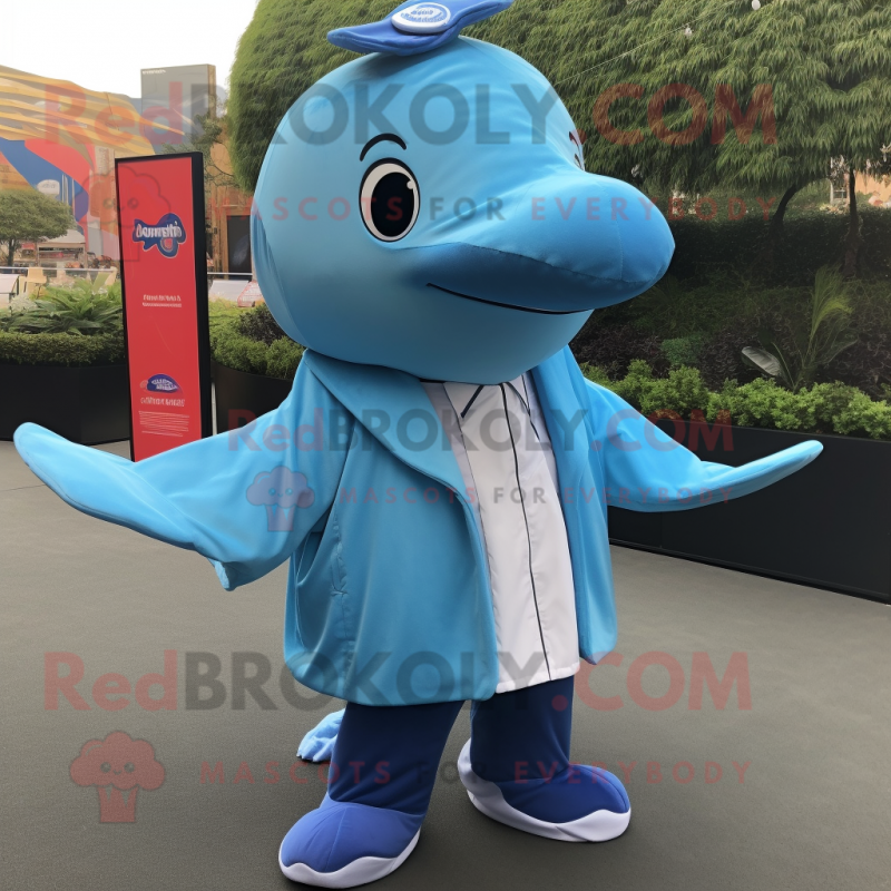 Sky Blue Humpback Whale mascot costume character dressed with a Windbreaker and Tie pins