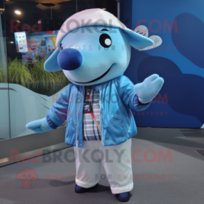 Sky Blue Humpback Whale mascot costume character dressed with a Windbreaker and Tie pins
