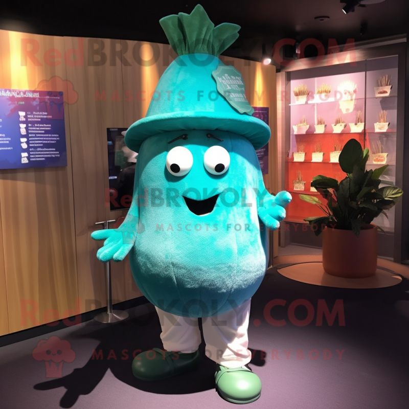 Teal Turnip mascot costume character dressed with a Swimwear and Hat pins