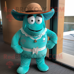 Teal Beef Stroganoff mascot costume character dressed with a One-Piece Swimsuit and Belts