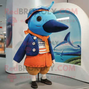 Orange Blue Whale mascot costume character dressed with a Cardigan and Berets