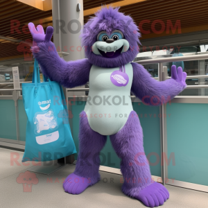 Purple Yeti mascot costume character dressed with a One-Piece Swimsuit and Tote bags