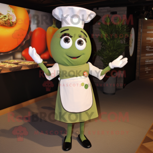 Olive Paella mascot costume character dressed with a Shift Dress and Lapel pins