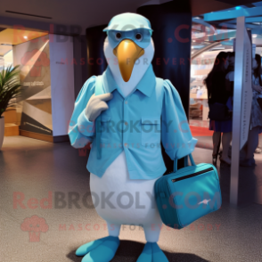 Cyan Albatross mascot costume character dressed with a Henley Shirt and Messenger bags