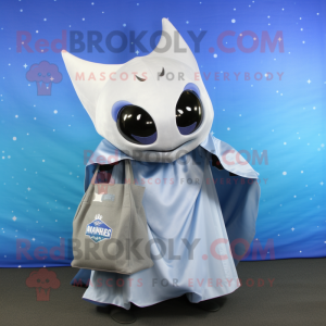 Silver Manta Ray mascot costume character dressed with a Wrap Skirt and Tote bags