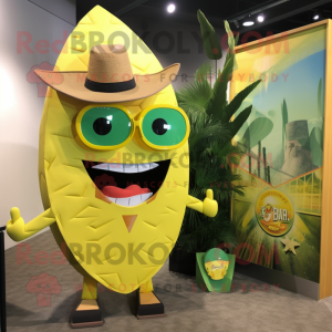 Lemon Yellow Tacos mascot costume character dressed with a Bikini and Lapel pins