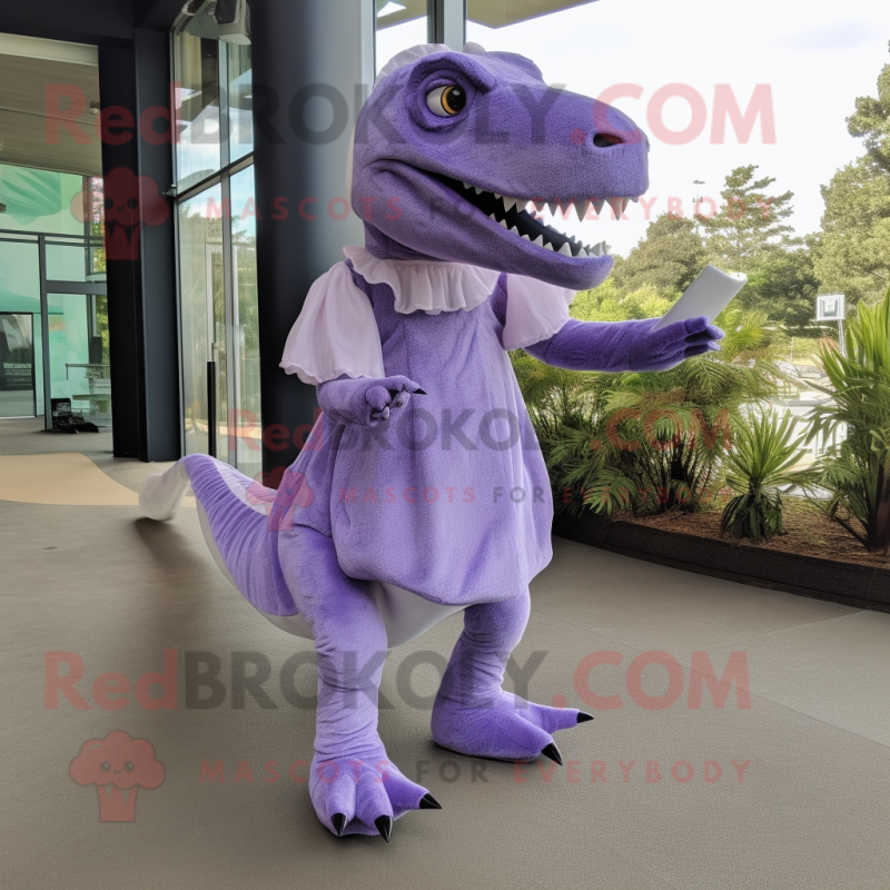 Lavender T Rex mascot costume character dressed with a Sheath Dress and ...