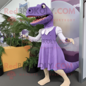 Lavender T Rex mascot costume character dressed with a Sheath Dress and Foot pads