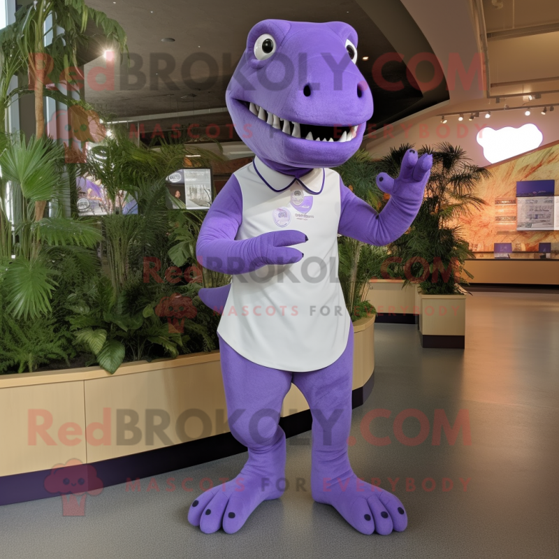 Lavender T Rex mascot costume character dressed with a Sheath Dress and Foot pads