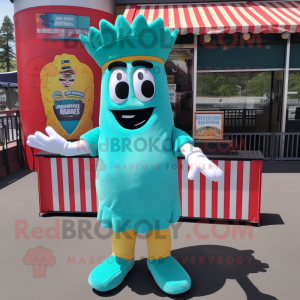 Teal French Fries mascot costume character dressed with a Tank Top and Berets