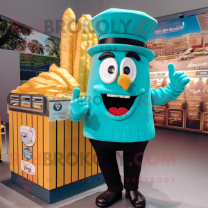 Teal French Fries mascot costume character dressed with a Tank Top and Berets