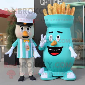 Teal French Fries mascot costume character dressed with a Tank Top and Berets