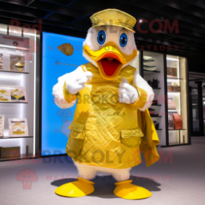 Gold Muscovy Duck mascot costume character dressed with a Board Shorts and Coin purses