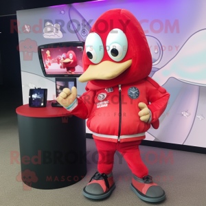 Red Ceviche mascot costume character dressed with a Bomber Jacket and Coin purses