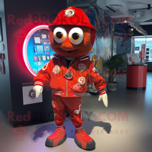 Red Ceviche mascot costume character dressed with a Bomber Jacket and Coin purses