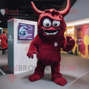 Maroon Demon mascot costume character dressed with a Sweatshirt and Wraps